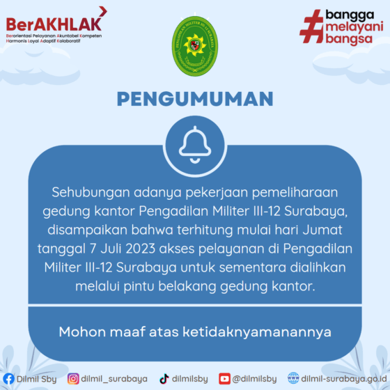 Pelayanan di Pengadilan Militer III-12 Surabaya dialihkan melalui pintu belakang